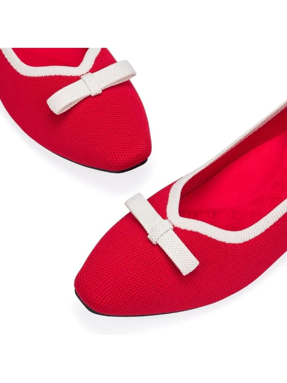 Frank Mully Women's Red White Rubber Knit Squared Toe Bow Slip On Ballet Flats